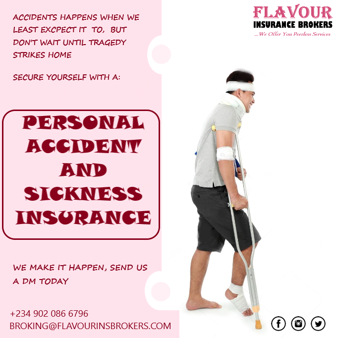 SECURE YOURSELF AND THAT OF YOUR FAMILY TODAY BY OPTING FOR A PERSONAL ACCIDENT AND SICKNESS INSURANCE COVERAGE

WE ENSURE YOU GET THE RIGHT COVER

SEND A DM OR CALL THE NUMBER

#brokers #insured #insurances #insuranceclaims #insurancebroker #brokersarebetter #brokersworkforyou