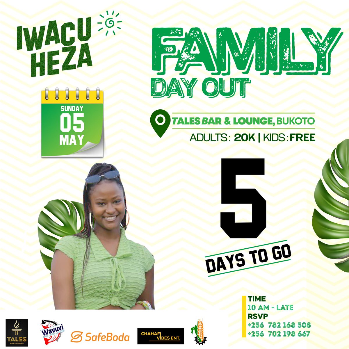 We’re counting down to 5 days to the #FamilyDayOut  🤗

Don’t miss out on the fun and don’t forget that all tickets will be accessible at the gate 😇

📍Tales Lounge Bukoto 

#IwacuHeza
 #TweseTuribamwe