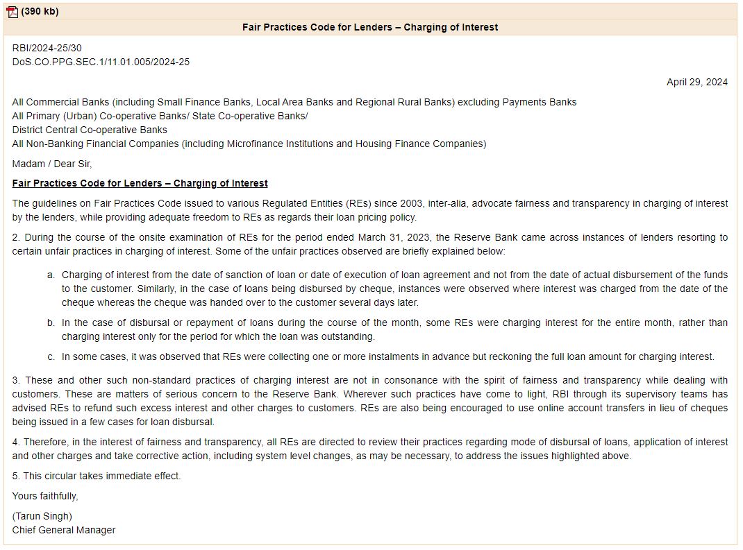 #FINDFINwordsofFinancialWisdom #RBI #FinancialAwareness #financialeducation #FinancialLiteracy #FinancialInclusion 

Fair Practices Code for Lenders -Charging of Interest
 👉Notification dated- April 29, 2024  - RBI/2024-25/30 DoS.CO.PPG.SEC.1/11.01.005/2024-25