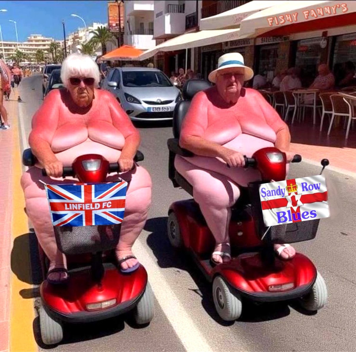 On a wee break and these 2 appeared. I asked them why they were flying the Linfield flags while wearing Larne and Cliftonville Tops.... They told me to Eff off.