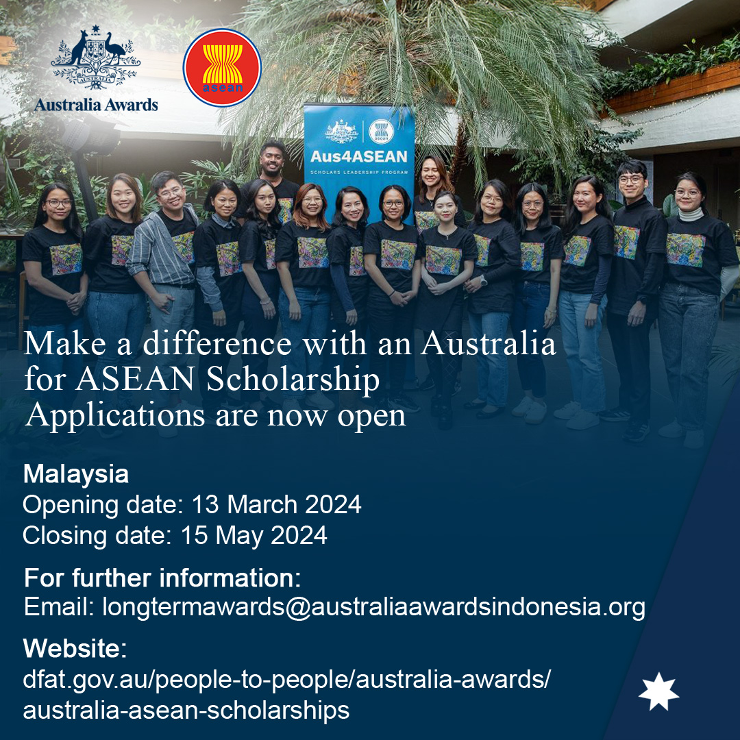 📢 Good news! Applications for the 🇦🇺 for ASEAN Scholarships have been extended to 15 May 2024. If you're a next gen 🇲🇾 leader & interested in maritime, connectivity, economic or sustainable development cooperation, seize this chance & apply now #Aus4ASEAN bit.ly/3Umoy7z