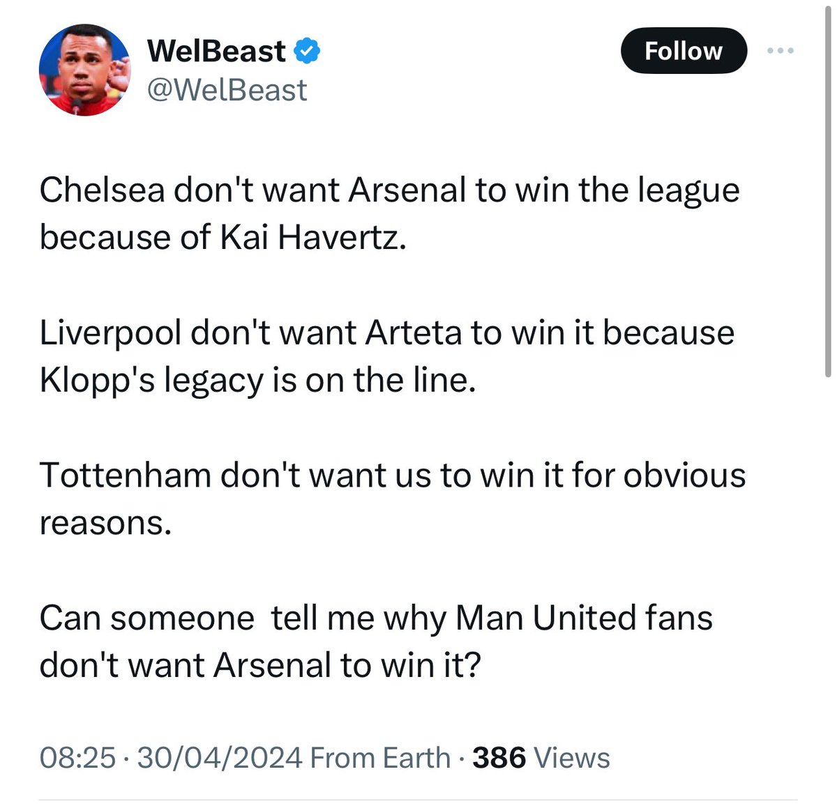 Arsenal winning their first title in 20 years would far less annoying than LFC catching us or City doing 4 in a row. Arsenal are practically irrelevant.