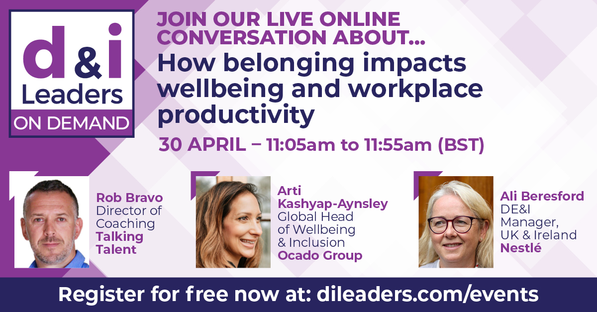 🔹 11:05 BST today! How belonging impacts wellbeing and workplace productivity. Free 50min conversation 30 April 11:05am BST with:
▪️ Rob Bravo - @talkingtalent
▪️ Arti Kashyap-Aynsley - Ocado Group
▪️ Ali Beresford – Nestlé
Register now - dileaders.com/events/how-bel…
#DILeaders