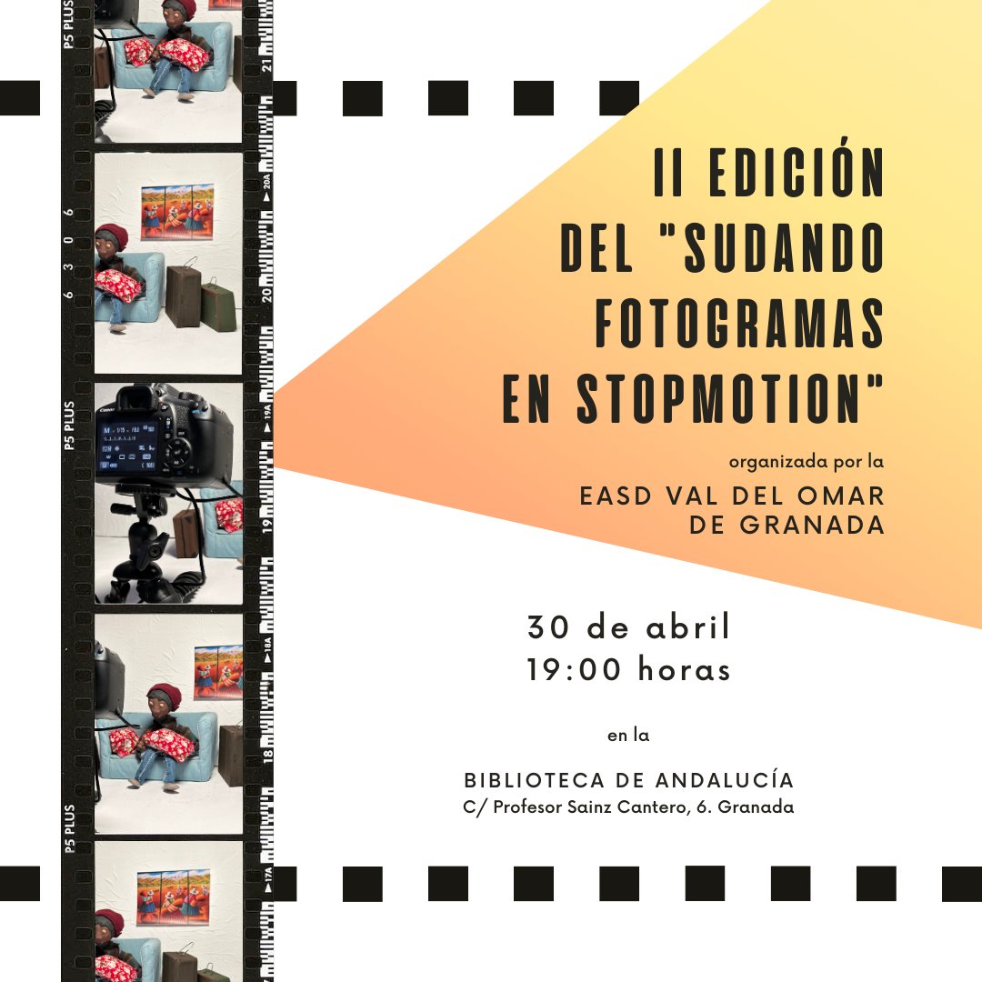 Hoy, desde las 19:00 horas, se presentan los cortometrajes de la II edición de «Sudando fotogramas en stopmotion.» Los alumnos de @EASDValDelOmar de Granada nos comentarán en qué consiste esta técnica y cómo la han aplicado a sus creaciones. ➡️bibliotecasdeandalucia.es/web/biblioteca… ¿Venís?