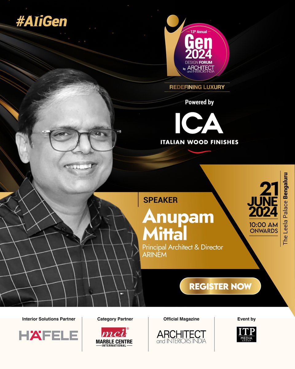 Anupam Mittal, Principal Architect & Director, Arinem will share his wealth of expertise at the #AIiGen Design Forum 2024 Powered by ICA Pidilite.

21st June 2024 | 06 PM Onwards | The Leela Palace Bengaluru
Register now - bit.ly/3xJ8h4O
