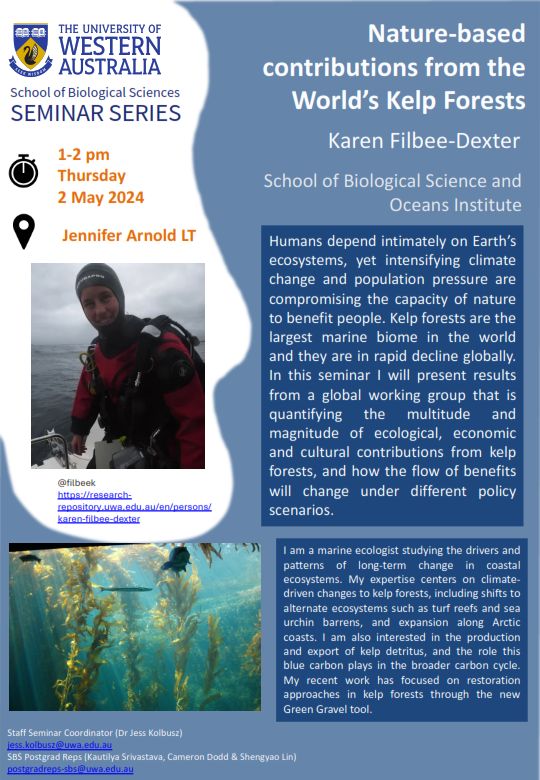 SEMINAR: Nature-based contributions from the World’s Kelp Forests by Karen Filbee-Dexter Thursday 2 May @ 1-2pm, Jennifer Arnold Lecture Theatre, Zoology Building, UWA