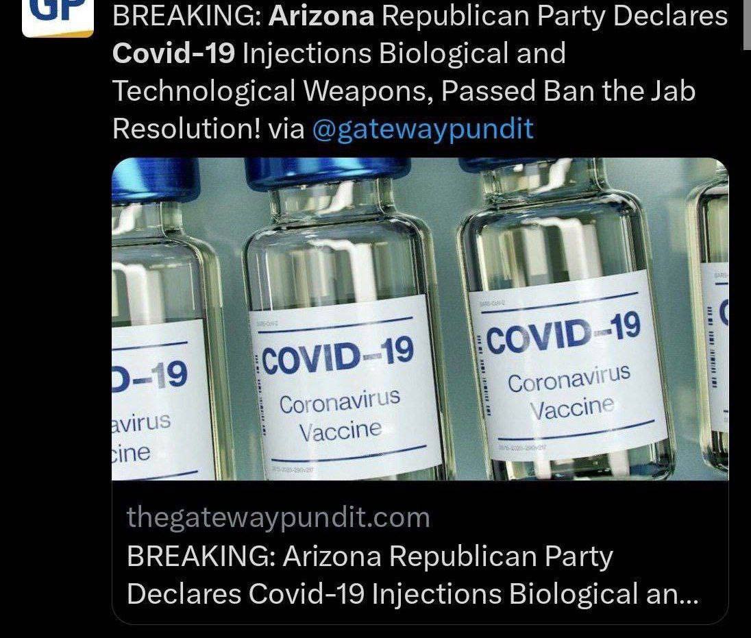 Arizona'daki Cumhuriyetçi milletvekilleri, Kovid-19 aşısını biyolojik silah‼️ olarak sınıflandırarak aşının yasaklanması yönünde bir karar çıkardı.

Bizim aşıcı doktorlar ve sağlık bakanı nerede acaba🤔 
Uğur Şahin ve özlem türeci kanser aşısı mi cikarmaya kaçmıştı İngiltere'ye!!…