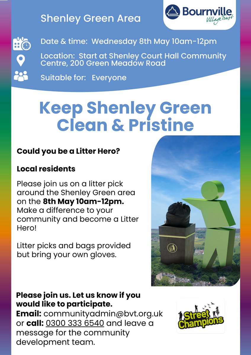 We’ve been out and about in neighbourhoods picking litter as part of @KeepBritainTidy's Great British Spring Clean. Our next litter pick is in Shenley next Weds (8th May). If you’d like to join us to tackle litter, please email communityadmin@bvt.org.uk