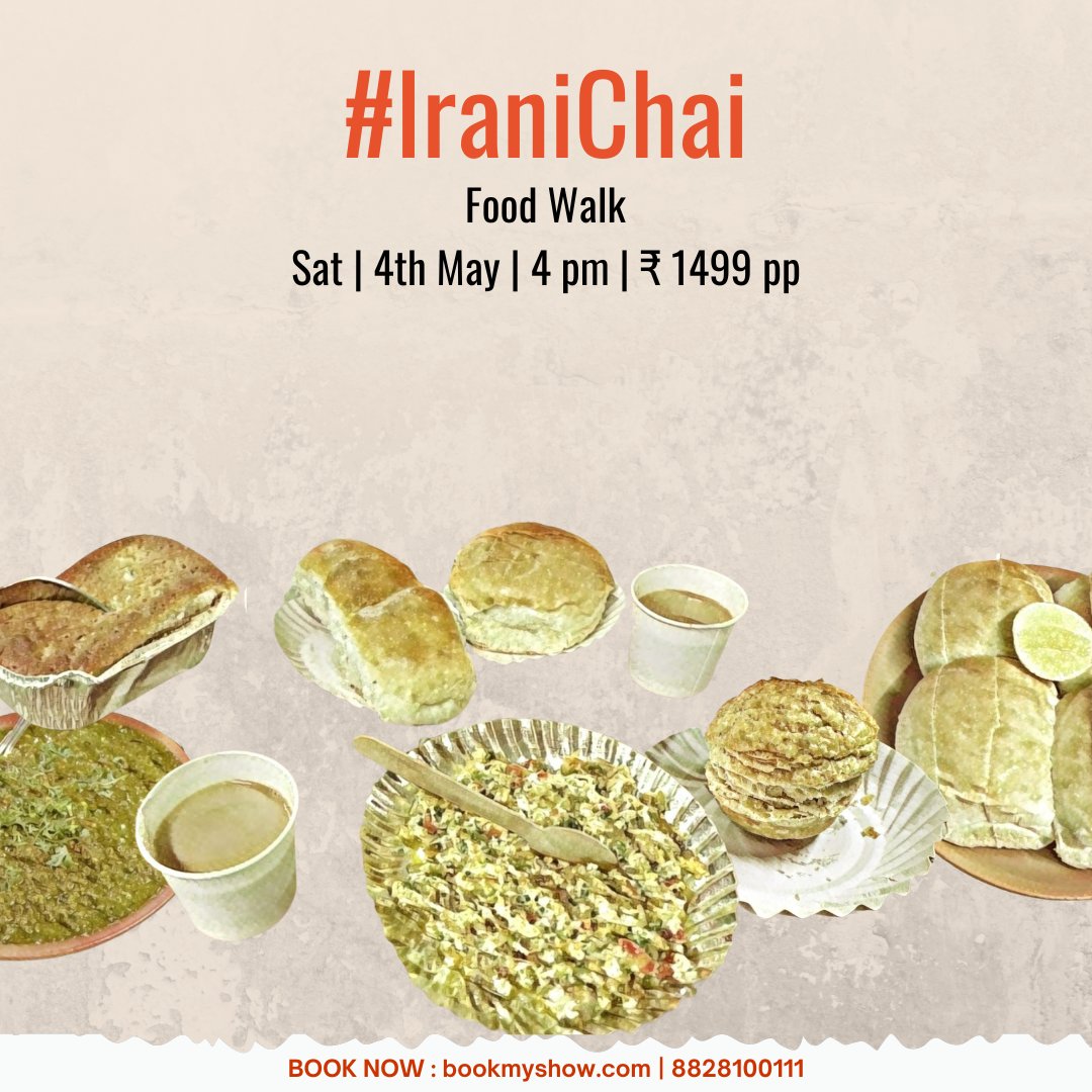 Sample the staple fare of Irani cafes with stories of the city’s Zoroastrian immigrants, only on our #IraniChai food walk.

📍Sat | 4th May | 4 PM | ₹1499 pp

➡️Book now at: in.bookmyshow.com/activities/ira…

#IraniCafe #IraniFood #Cafes #Things2DoInMumbai #KhakiTours #ExploreMumbai…