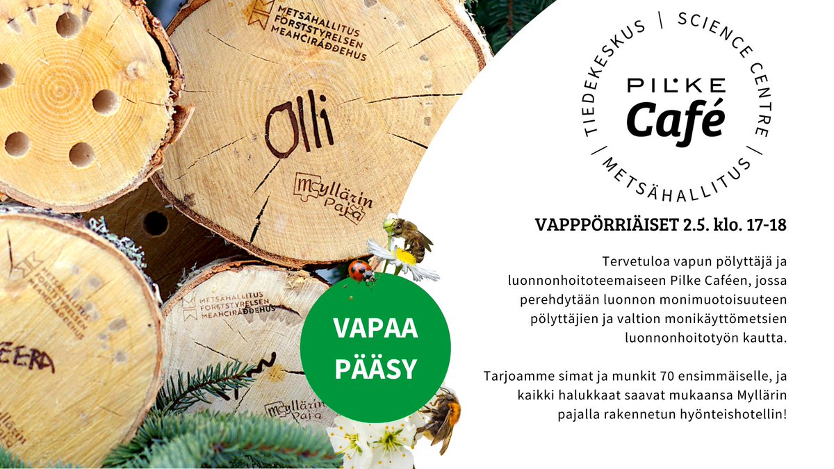 Tervetuloa vapun Pilke Caféen jonka teemana on monimuotoisuus ja luonnonhoito valtion monikäyttömetsissä! 🐝

📍Ounasjoentie 6, Rovaniemi
📆2.5. klo. 17-18
🤩Vapaa pääsy, tarjolla simaa ja munkkia sekä halukkaille hyönteishotelli!

#TiedekeskusPilke #Vappu #biodiversity