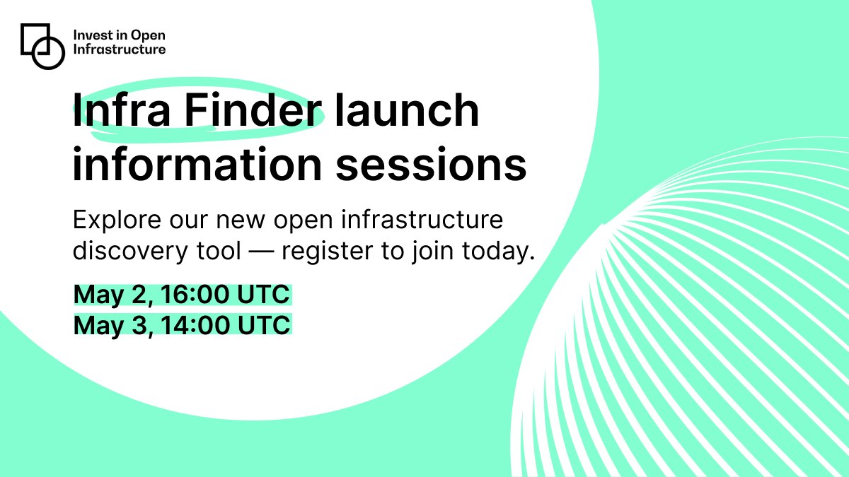 Have you used #InfraFinder, our new #OpenInfrastructure discovery tool, and do you have questions/feedback?

🙋Join one of our info sessions this week!

Register:
📅 May 2, 1600UTC: investinopen.civicrm.org/civicrm/event/…
📅 May 3, 1400 UTC: investinopen.civicrm.org/civicrm/event/…