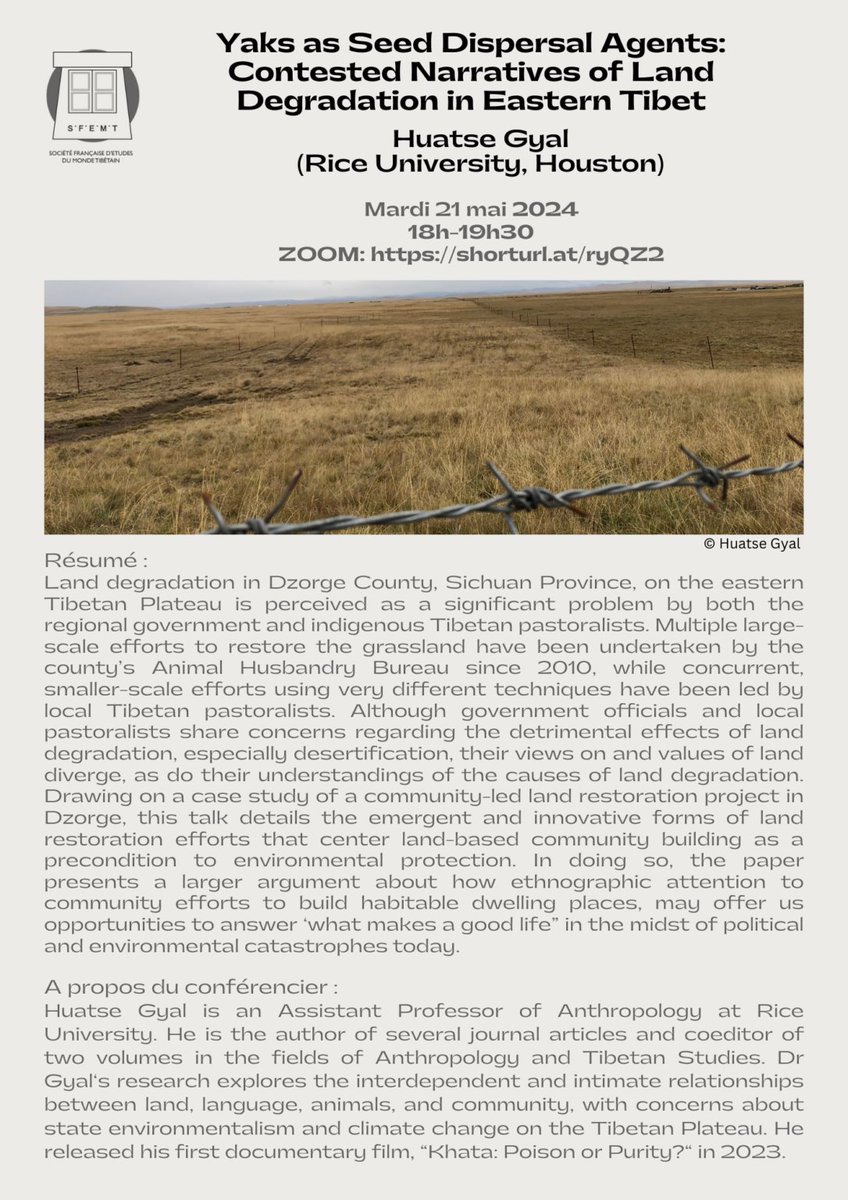 The next #SFEMT talk is here: On May 21st at 6 PM (CET), Huatse Gyal (@RiceUniversity) will give an online talk: 'Yaks as Seed Dispersal Agents: Contested Narratives of Land Degradation in Eastern Tibet'. Mark you calendar and join us on Zoom (shorturl.at/ryQZ2)!