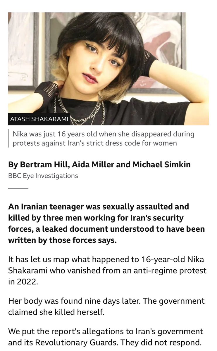 NiohBerg's tweet image. NEW: BBC finally confirms 16 year old Iranian Nika Shakarami was raped and murdered by regime thugs.

Every Iranian already knew what happened to her and countless others after the 2022 uprising.

But let's keep drawing comparisons to upper class commies on US campuses, right?