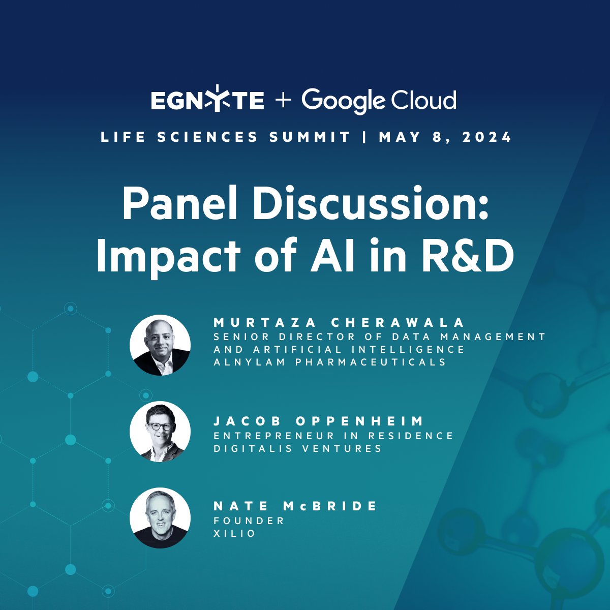 Get the inside scoop on AI's role in biotech at the @Egnyte Life Sciences Summit! Don't miss the panel discussion featuring experts from @Digitalisvc, @alnylam, and @XIliotx as they decode the impact of AI in R&D.  bit.ly/4dmqPZk