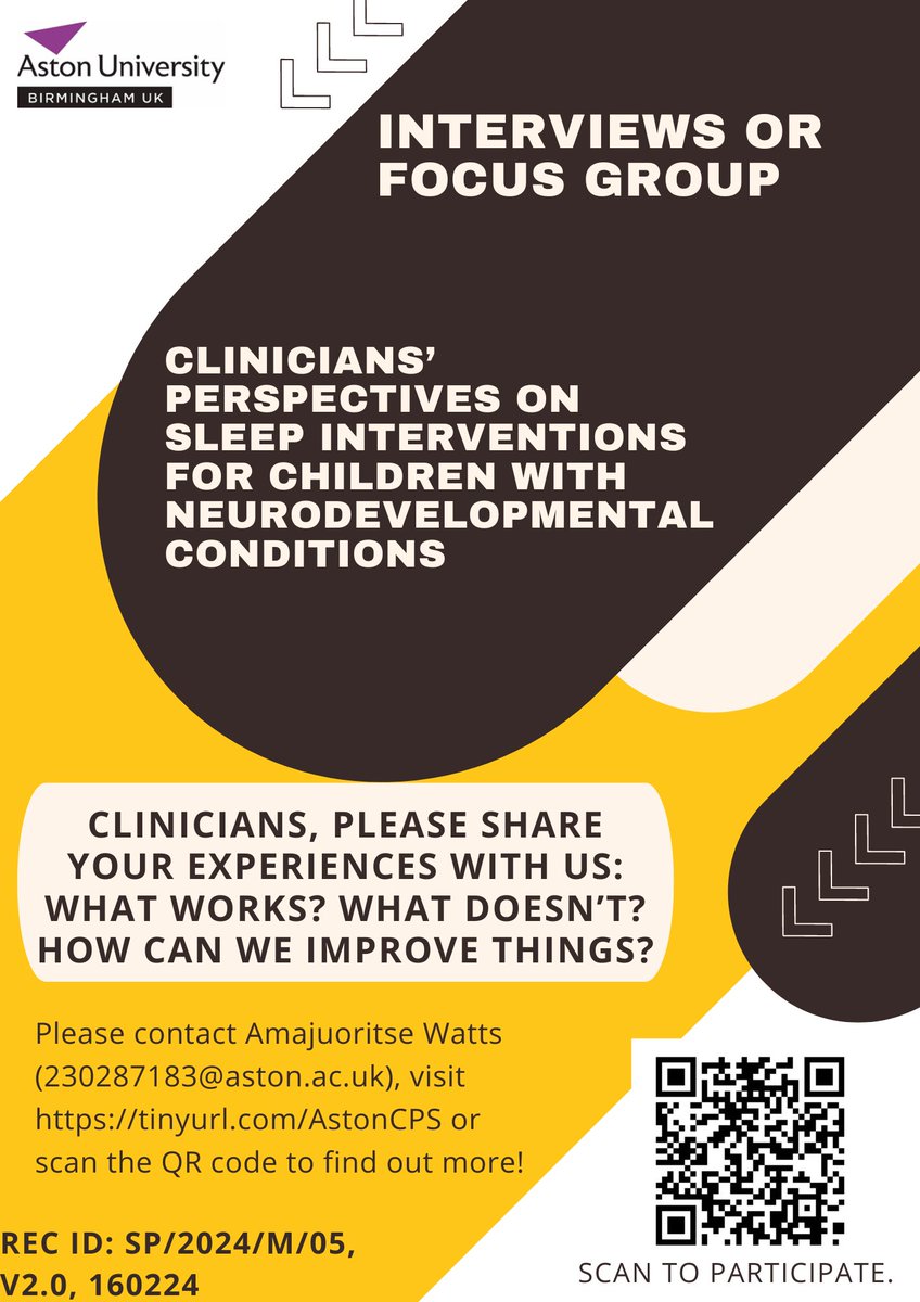 Are you a #healthcare professional caring for children with neurodevelopmental conditions? Researchers at @Aston_IHN want to hear from you! Please share your experiences of #sleep interventions in this population #PediatricSleep @NHSEngland @BritishSleepSoc