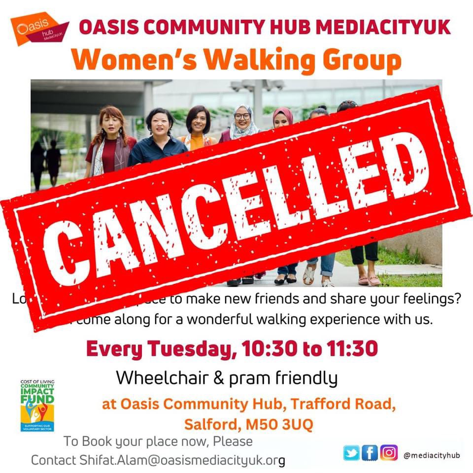 Just a reminder that today's café and walking group are cancelled. We're back open fully tomorrow for the café and community food store. See you soon!

#Salford #MediaCityUK #Ordsall #OasisUK #Community