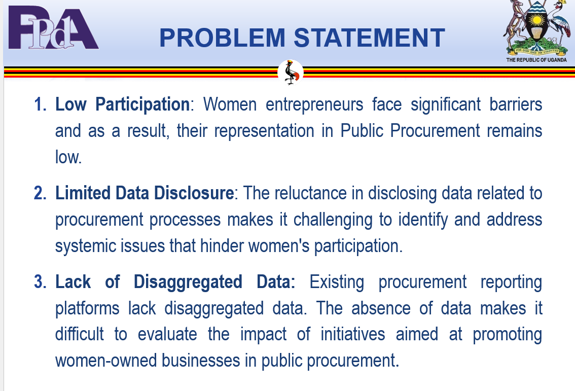 Participation of women owned businesses in public procurement is still very low across all entities in #Uganda. #WomenInProcurement #Liftproject