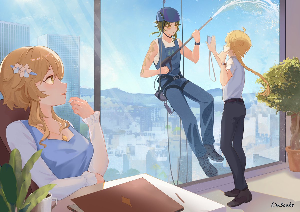 Love is in the air. Like literary. 
Lumine and Aether are office workers and Xiao is high-rise window cleaner.

#TeyvatFashion #GenshinImpact #hoyocreators #genshinfanart #xiaoaether #魈空