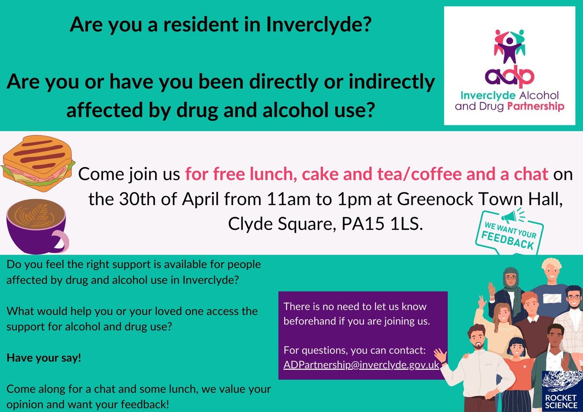 Reminder of event today to have your say about support for those who have been directly or indirectly affected by drug and alcohol use. @CVSInverclyde @InverclydeHSCP #recovery