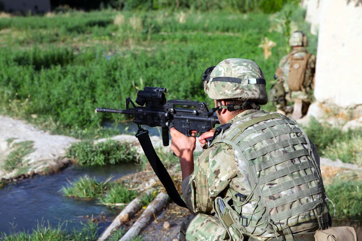 Bushmaster XM-15E2 rifle with “gooseneck” optic mount and PEQ-2 laser used by Georgian soldier in Afghanistan, 2013 period.