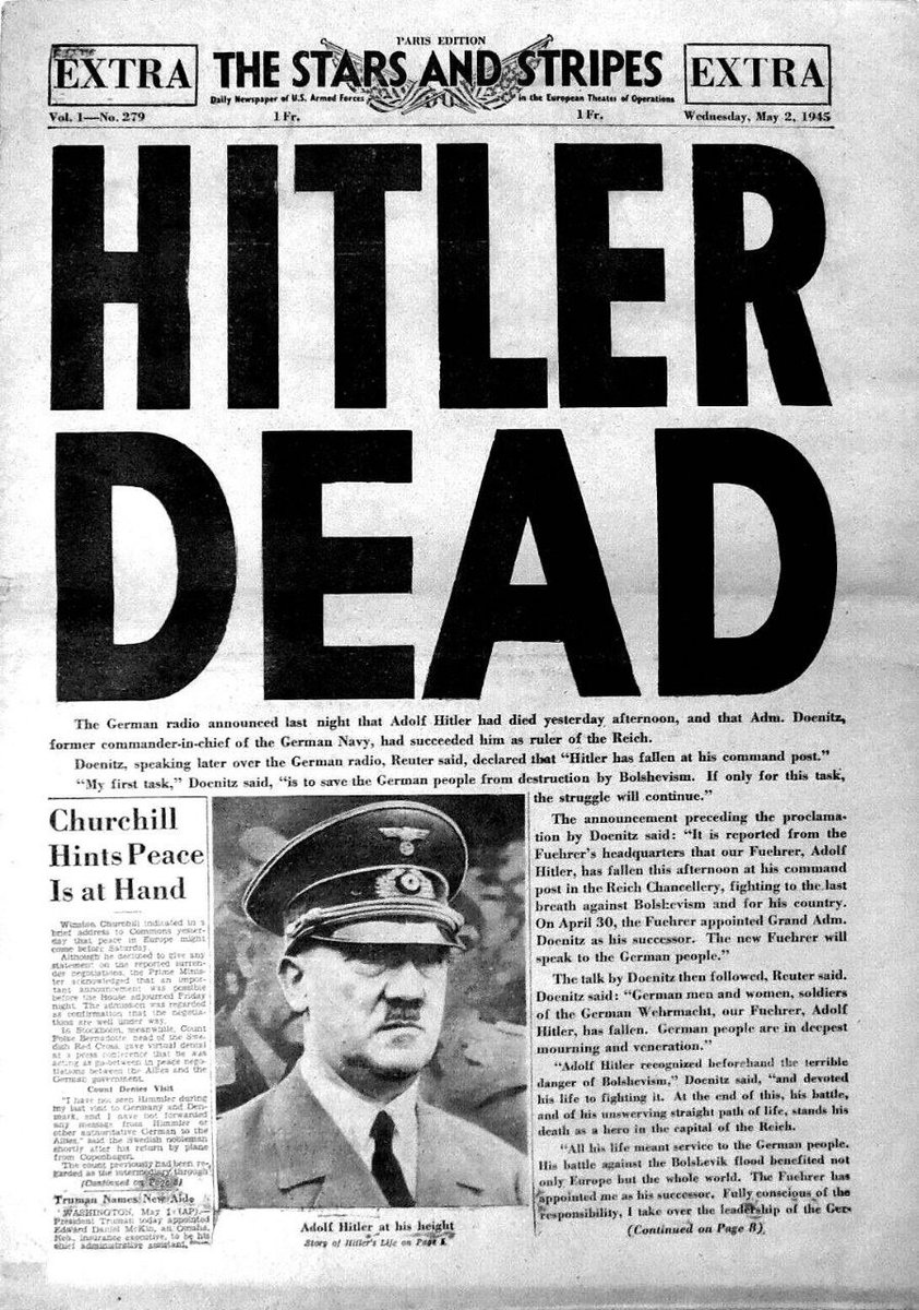 🇩🇪⚔️🇷🇺 “Adolf Hitler committed suicide between 15:26 and 15:30 on Monday, 30 April 1945, shooting himself with a Walther PP personal pistol in his Führerbunker in Berlin. Around the same time, the Red Army took control of the first floor of the Reichstag and was only 700-750…