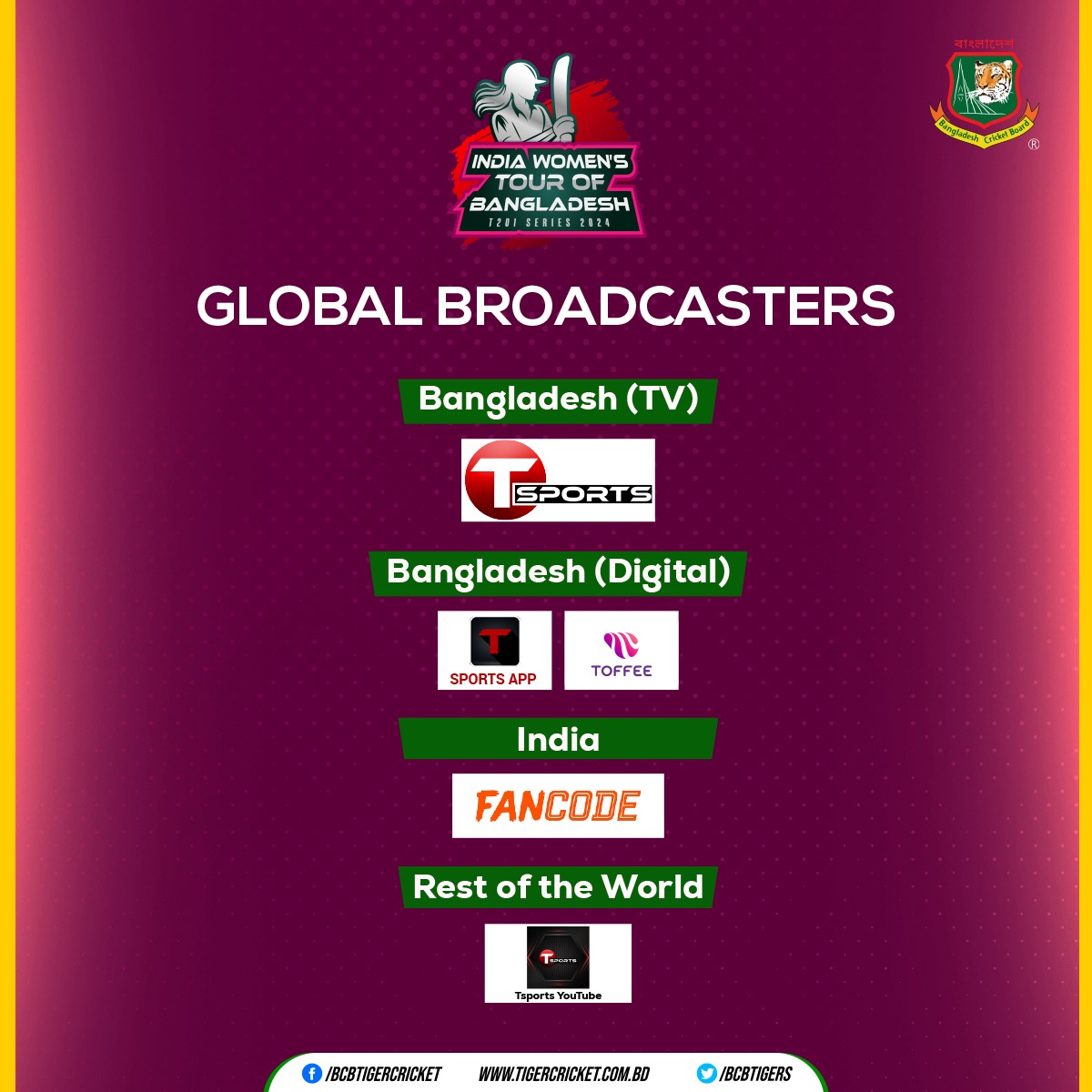 India Women’s Tour of Bangladesh 2023 (T20Is)

Global Broadcasters:
Bangladesh (TV): T Sports
Bangladesh (Digital): T Sports App & TOFFEE
India: Fancode
Rest of the World: T Sports YouTube

#BCB #Cricket #BANWvINDW #LiveCrcket #HomeSeries #T20Iseries #womenscricket