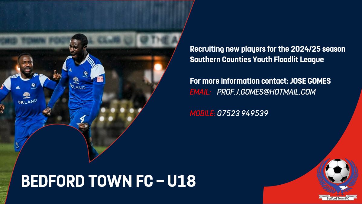 Next season's U18's will be playing in the Southern Counties Youth Floodlit League on Thursday evenings. Contact Jose Gomes for more info. A number of these players are already training with the @BedfordTown first team, so this is a great opportunity to progress!