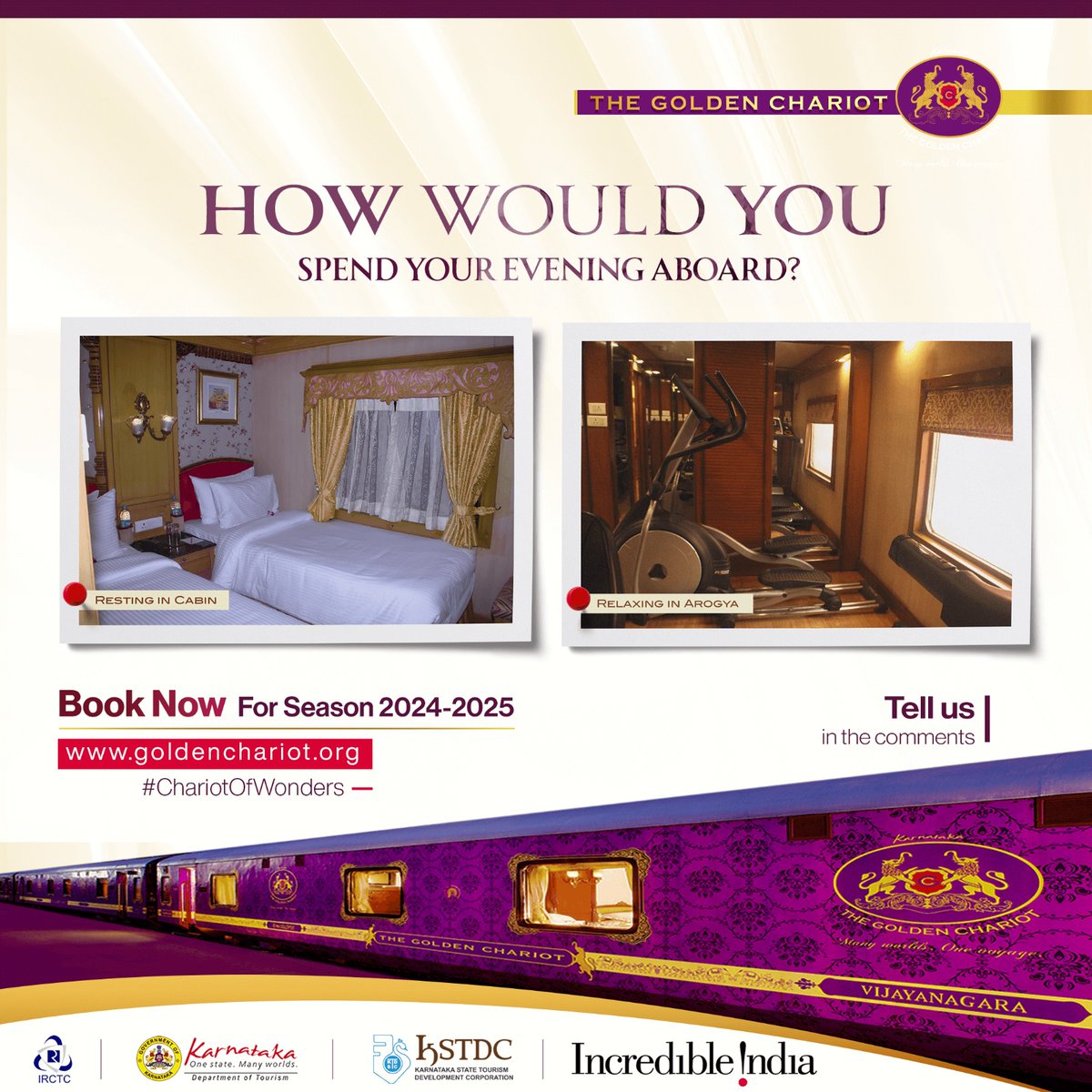 Imagine stepping back onto the #GoldenChariot after an exciting excursion. How will you spend your evening: relaxing in your cabin or indulging in Arogya? Share your plans in the comments below and click goldenchariot.org for bookings. #goldenchariot #travelindia #travel