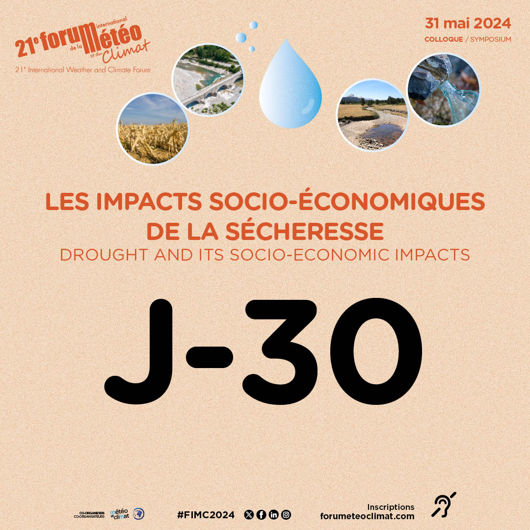 #SaveTheDate - Nous vous attendons nombreux sur place ou en ligne pour le colloque #FIMC2024 🚫💧 🚫 qui aura pour thème la #secheresse et ses impacts. Inscriptions 🔜 forumeteoclimat.com/programme/coll… #ChangementClimatique #colloque