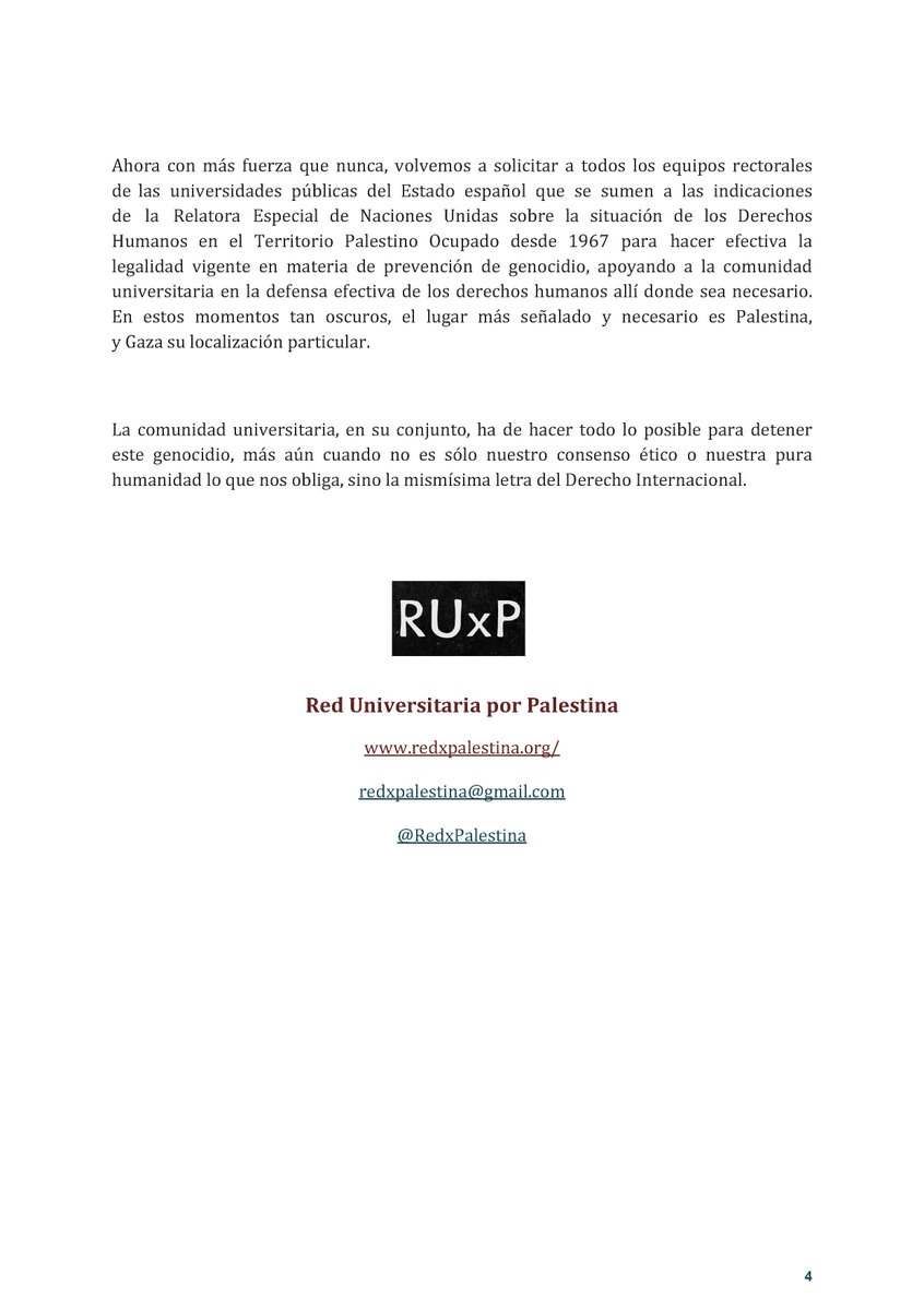 30 de abril de 2024, Comunicación por registros oficiales desde RUxP @RedxPalestina a Equipos Rectorales, @CrueUniversidad y @CienciaGob :