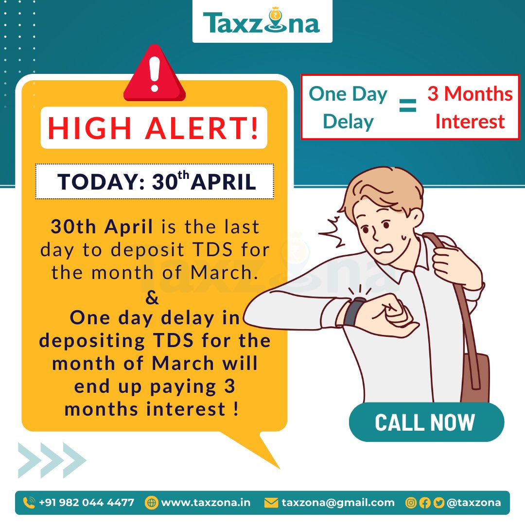 Attention Taxpayers! ⏰ Don't forget:

30th April (Today) marks the deadline to deposit TDS for March. Stay compliant and avoid penalties by ensuring timely submission.

#TDSDeadline #TaxCompliance #TaxTip #TDSInterest #Taxation #FinancialAdvisory #TaxAssistance #Taxzona
