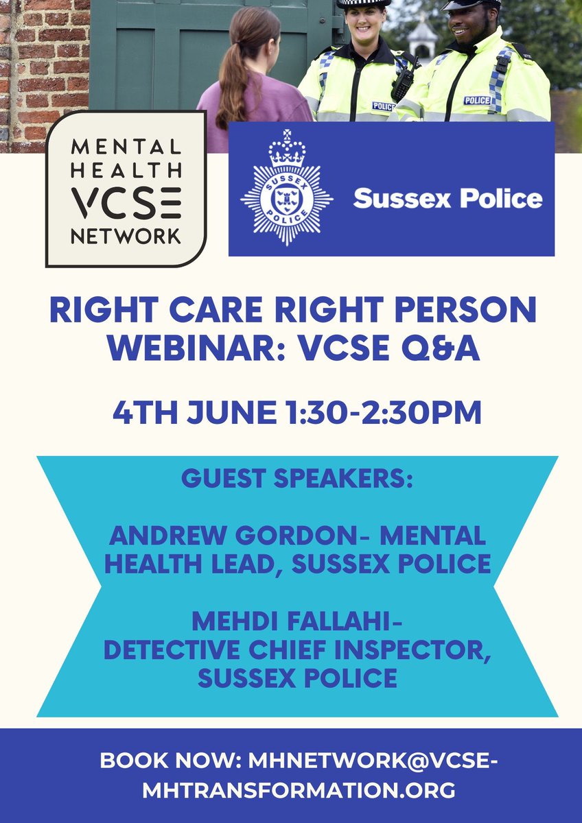Do you work for a Sussex voluntary, community or social enterprise organisation? 

Want to learn about the Sussex Police’s Right Care Right Plan (RCRP)? Join us at our 4th June Webinar (1:30-2:30pm), run in collaboration with @sussex_police 

Book now: eventbrite.co.uk/e/right-care-r…