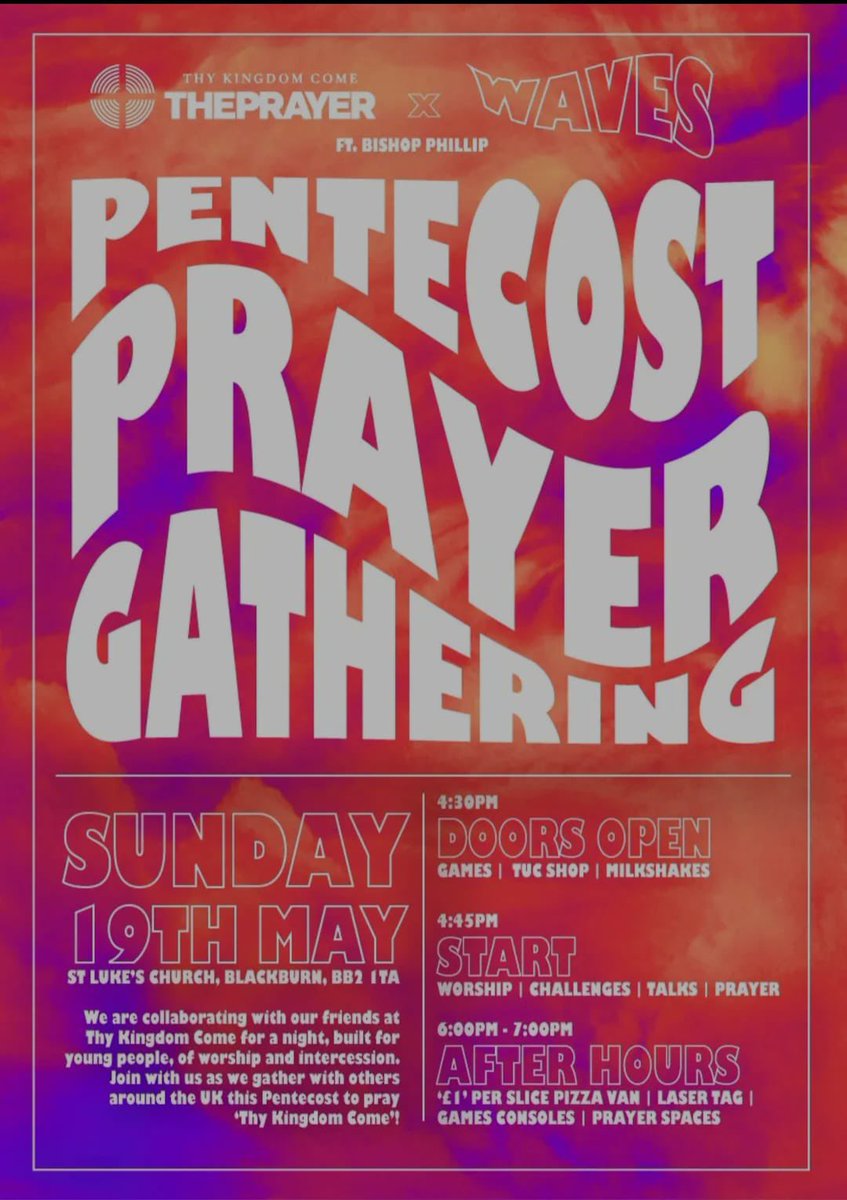 Want to celebrate the birth of the Church with us? Bring your youth group 19th May for an evening of fun, wood fired pizza, prayer spaces, worship, interview with @BpBlackburn & laser tag…like they did at the very first Pentecost! @Stlukeschurchbb @cofelancs @thykingdom_come