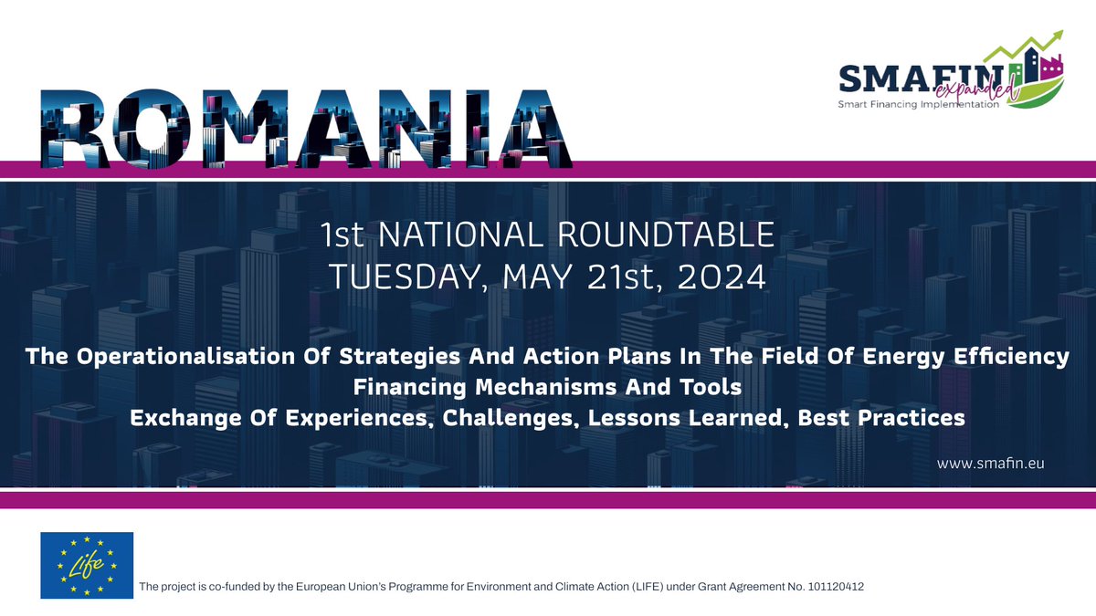 Save the date:
The 1st National SMAFIN Expanded Roundtable on “Operationalisation of Strategies &amp; Action Plans in the Field of #EnergyEfficiency” will be held in #Romania on Tuesday, 21 May 2024. 

#EconomicResilience 
#SustainableFinance #EUProjects 
#RomaniaGreenBuildingCouncil