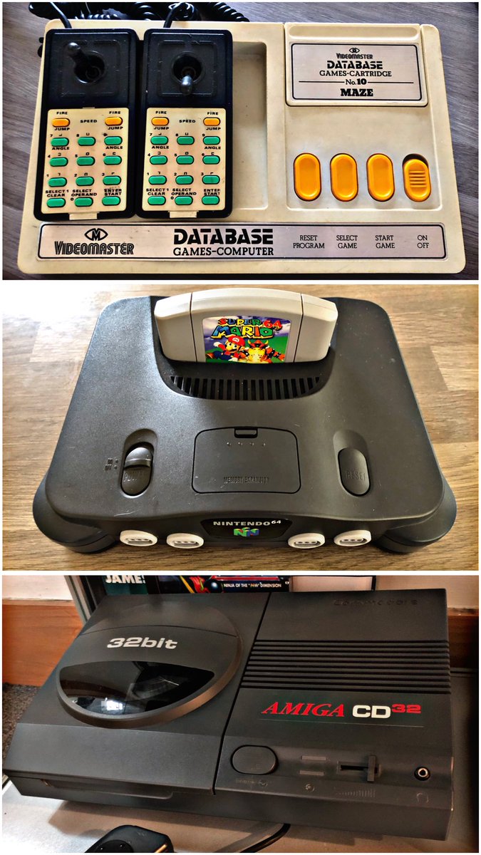 Today’s #RetroTrio offers you the #Videomaster Database, #Nintendo #N64 and #Commodore #Amiga #CD32.  Which will you keep, gift to a friend and delete forever? #RetroComputing #ComputerHistory #RetroGaming #VideoGames