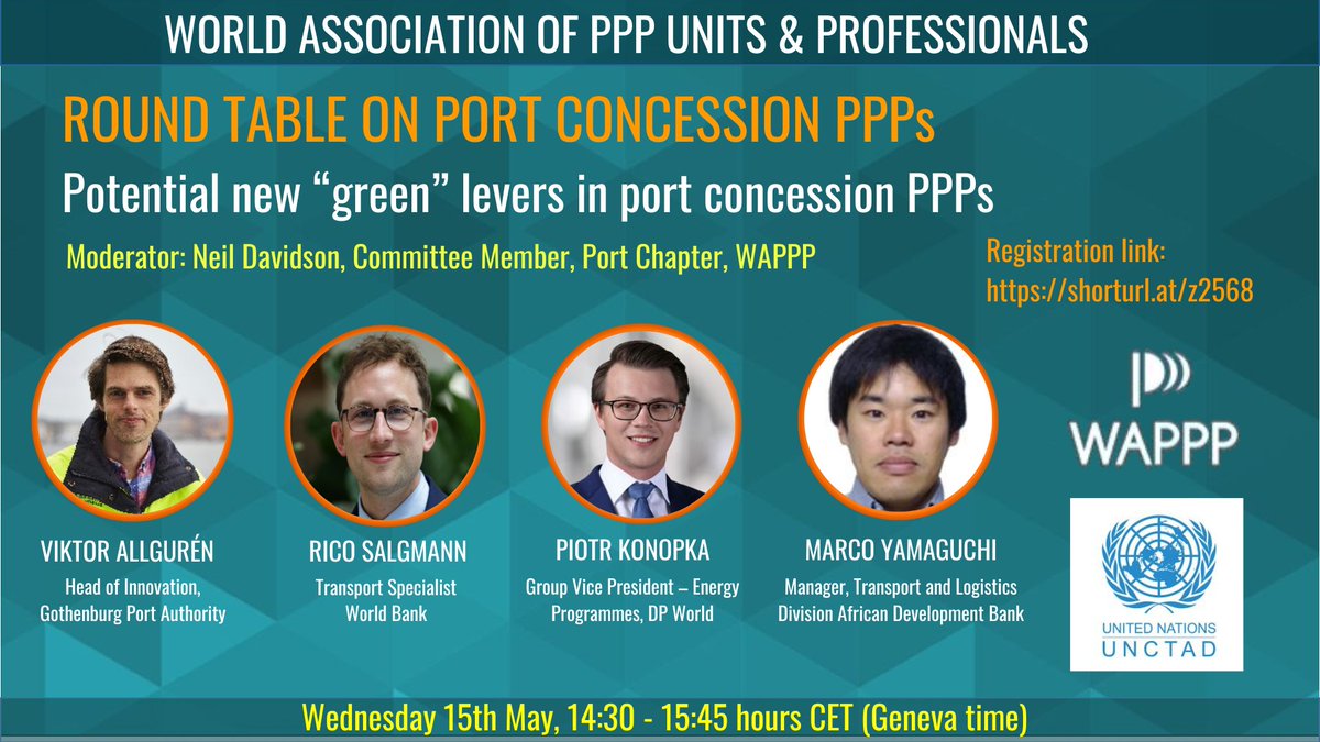 WAPPP | World Association of PPP Units & Prof... (@wapppgeneva) on Twitter photo 🟠Upcoming | WAPPP & <a href="/UNCTAD/">UN Trade and Development</a> RT: Port Concession PPPs and Energy Transition
🗓️ May 15, at 2:30 PM CEST
Join us to discuss the incorporation initiatives in port concession #PPP bids & agreements, aiming for zero-emission cargo handling.
Register today: shorturl.at/z2568 🟠Upcoming | WAPPP & <a href="/UNCTAD/">UN Trade and Development</a> RT: Port Concession PPPs and Energy Transition
🗓️ May 15, at 2:30 PM CEST
Join us to discuss the incorporation initiatives in port concession #PPP bids & agreements, aiming for zero-emission cargo handling.
Register today: shorturl.at/z2568