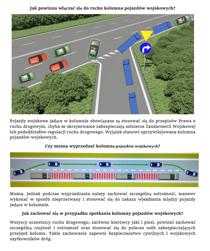 W związku ze wzmożonym ruchem pojazdów wojskowych na polskich drogach, przypominamy zasady poruszania się kolumn wojskowych pojazdów: