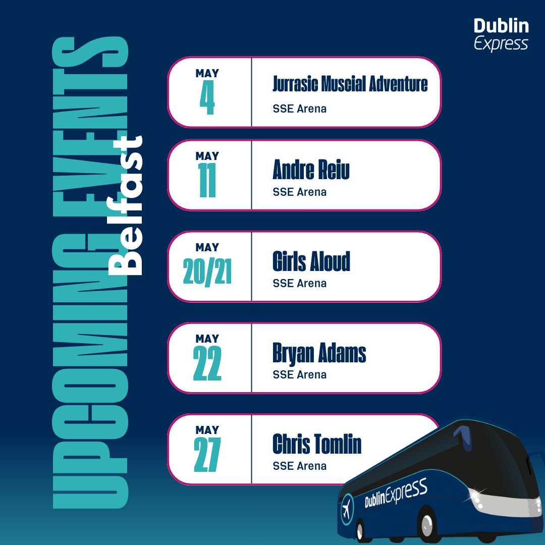 Exciting Events in Dublin & Belfast this month! 🤩
Check out the lineup at 3Arena & SSE Arena this May🎶🏟️
Grab your tickets & book your Dublin Express ticket to experience these amazing events!🎉 
#DublinExpress #DublinCity #Belfast #3Arena #SSEArena #DublinEvents #BelfastEvents