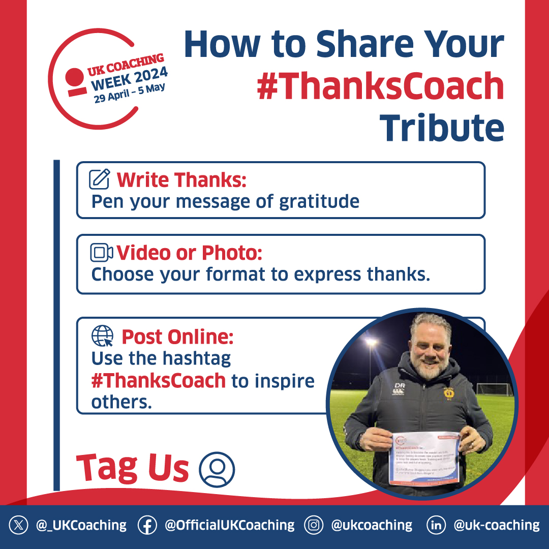 It's day 2 of #UKCoachingWeek! Coaches change lives – tell them how during this week long celebration of the unsung heroes of sport & physical activity! Our graphic guides you on sharing your #ThanksCoach message Join the wave of appreciation now 👉 bit.ly/49lClAI