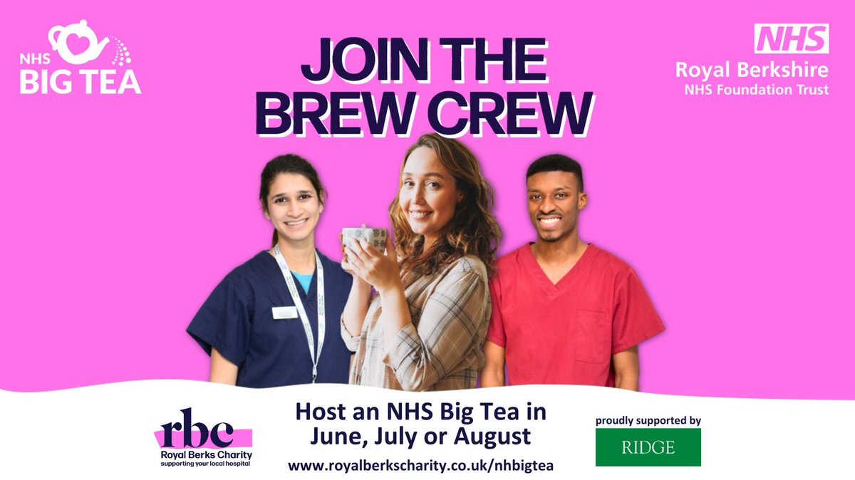 🌟 Brew up a storm for the NHS Big Tea! Join us in celebrating our NHS heroes and supporting a great cause! Sign up now to host your own Big Tea event and make a difference! royalberkscharity.co.uk/nhsbigtea This event is supported by @NHSCharities and proudly sponsored by @RidgeLLP
