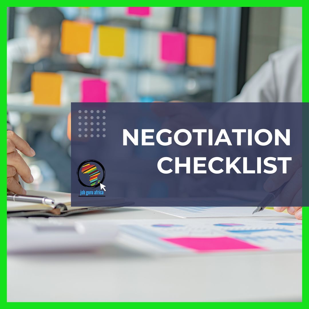 Negotiate with confidence! Job Guru Africa's new FREE checklist equips you with the tools and strategies to maximize your value during negotiations.  Download now and get ready to secure the compensation you deserve! ➡️ buff.ly/4aHazjm 
#NegotiationTips #JobGuruAfrica