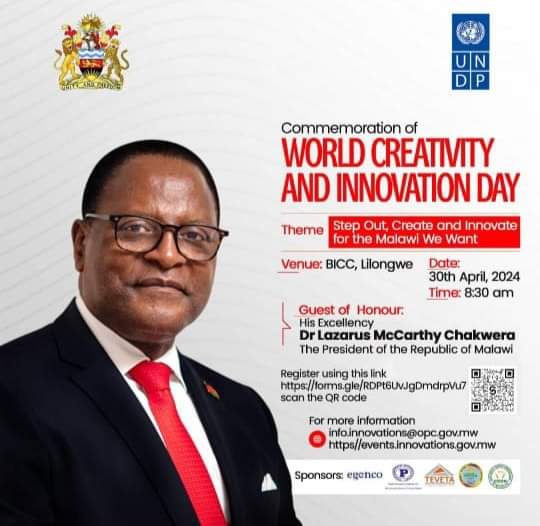 President Lazarus Chakwera is today leading the nation in commemorating World Creativity and Innovations Day at BICC in Lilongwe. The event is aimed at raising awareness on the role of creativity and innovations with respect to advancing the SDGs. facebook.com/share/p/ur25P4…