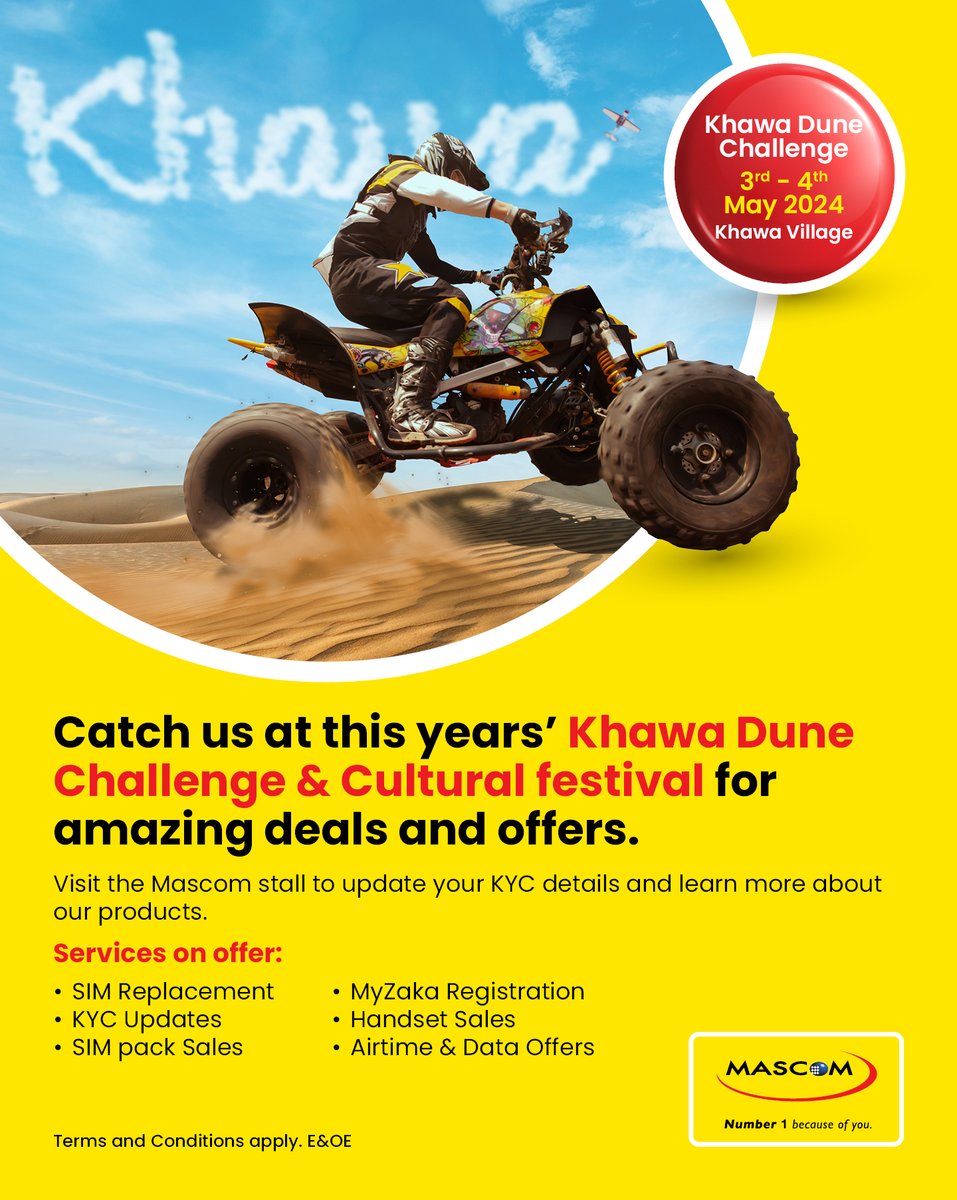 Don't miss out on the action! Join us at the Khawa Dune Challenge & Cultural Festival on the 3rd and 4th May 2024 at Khan Village. Swing by the Mascom stall for exciting offers and updates. #Number1BecauseOfYou #Khawa