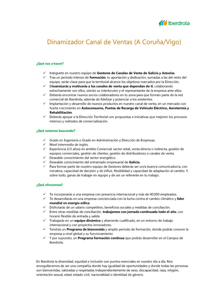 OFERTA: Dinamizador/a Canle de Vendas (A Coruña/Vigo) Titulación: Grao de ADE ou Enxeñaría e outras titulacións. Más información e Inscrición: - LinkedIn: cutt.ly/weqxLg3N - Portal Emprego Iberdrola: cutt.ly/deqxLHND @iberdrola #oferta