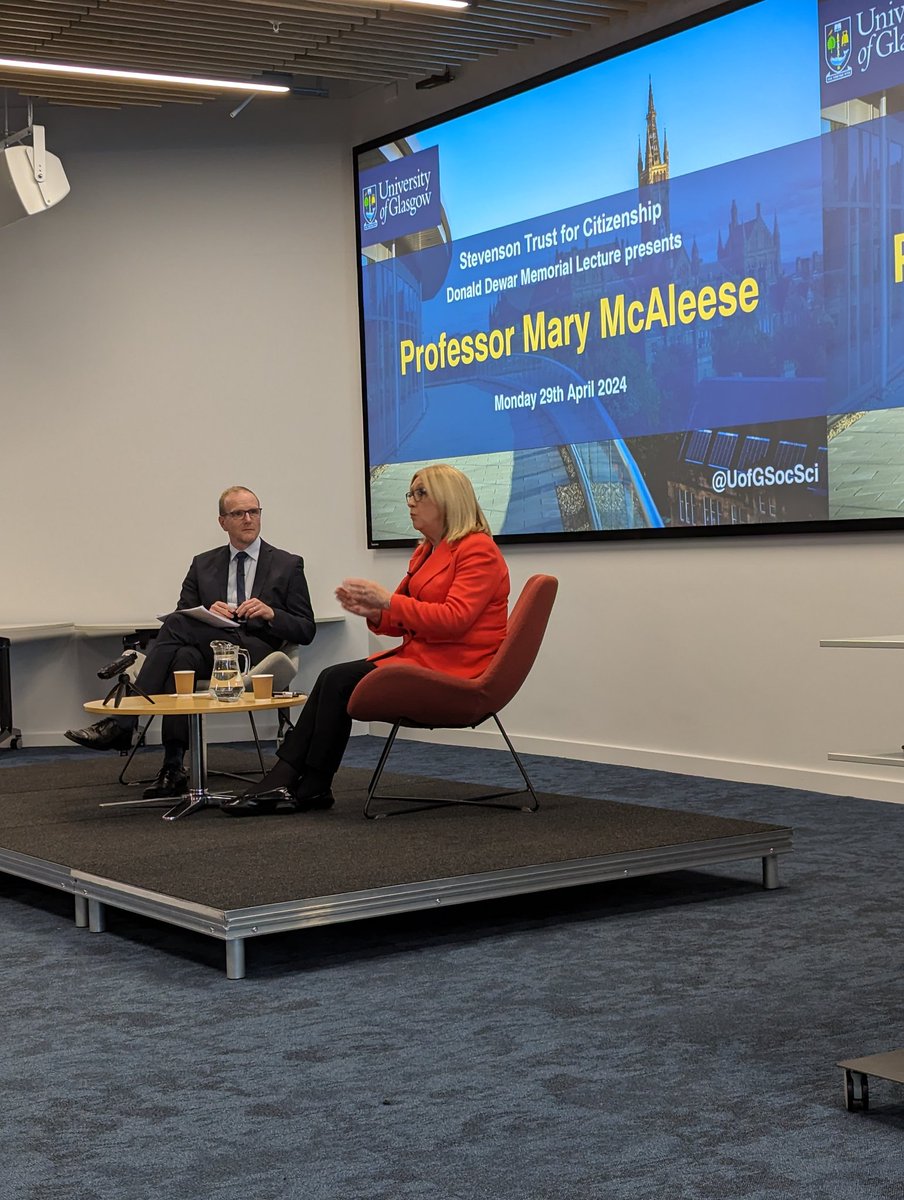 We were delighted to join a packed theatre at @UofGlasgow for the Donald Dewar Memorial Lecture by former President Mary McAleese. A wide ranging discussion on her career as a politician, the deep bonds between Scotland & Ireland and how to address climate change and extremism.