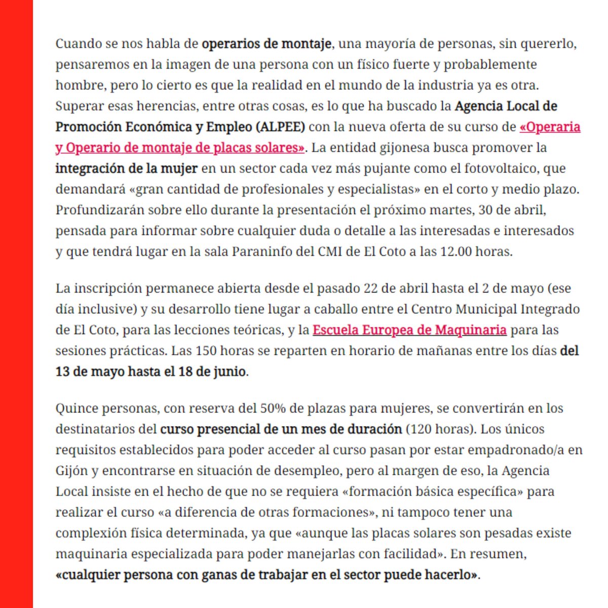empleogijon's tweet photo. 🔴 Compartimos noticia de @mi_gijon sobre nuestro nuevo Curso de Operaria/o de Montaje de Placas Solares impartido por Escuela Europea de Maquinaria - Roxu Grupo @EscuelaEMRoxu
#gijon #xixon #formacion #placasolar #energiasolar #empleo #GijonEmpleo https://t.co/9LP5ayocN9