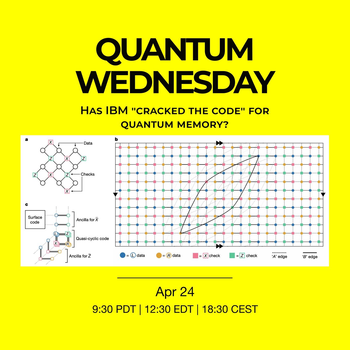 ⚛️ Come join the Unitary Fund for Quantum Wednesday on May 1 at 9:30 am PDT! This week we hear from Jordan Sullivan with the topic: Has IBM 'cracked the code' for quantum memory? 📄 Paper: buff.ly/4d083Xt 🔗 Discord: buff.ly/3R0YsHf