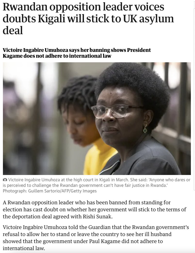 Oh look 👇 Rwandan opposition leader 'banned from standing for election' or even leaving the country to visit her ill husband - all this, amazingly, despite UK declaring it a 'safe country' Btw @guardian is it still OK for you, legally, to even print stuff like this now ? 🤡