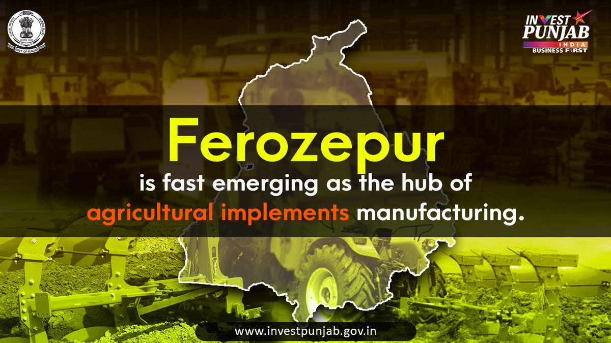 Ferozepur is emerging as a prominent center for agro and food processing industries. Recently, the district has gained recognition as a hub for manufacturing agricultural implements. Explore investment opportunities in Ferozepur and be part of its growing success! #InvestPunjab