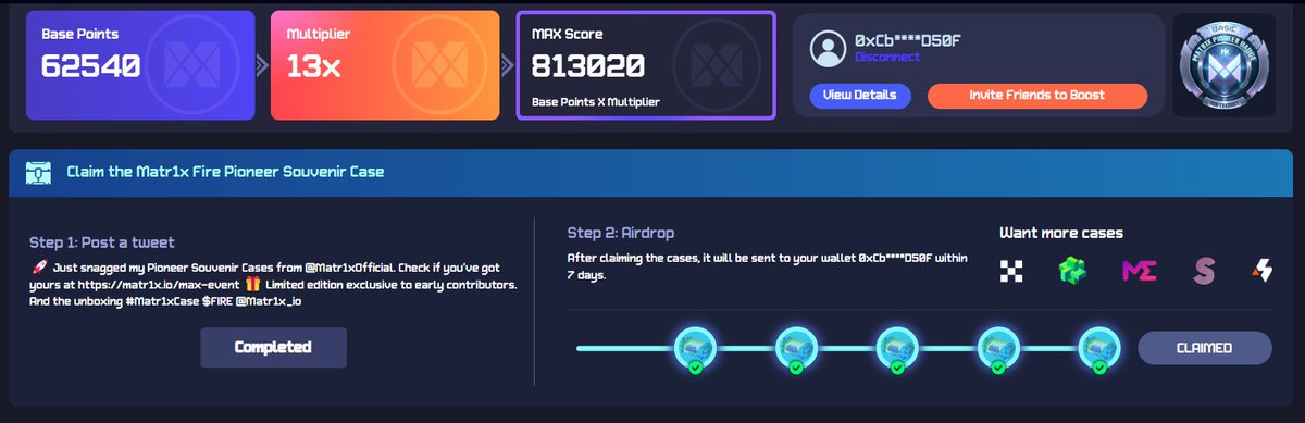 Matr1x üzerinden kastığımız puanlar karşılığında Pioneer Souvenir kasa kazanmışız. Claim ettikten sonra 7 gün içinde direk olarak cüzdanımıza gönderilecekmiş. 
2 çeşit kasa var;
- KUKU X
- Fire Pioneer

KUKU X içinden $MAX token ve oyun içi itemler çıkabiliyor. Direk satmak…